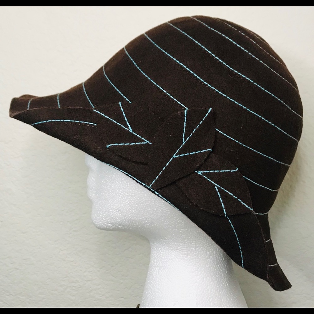 Brown Cloche Hat with Leaves & Blue Stitching